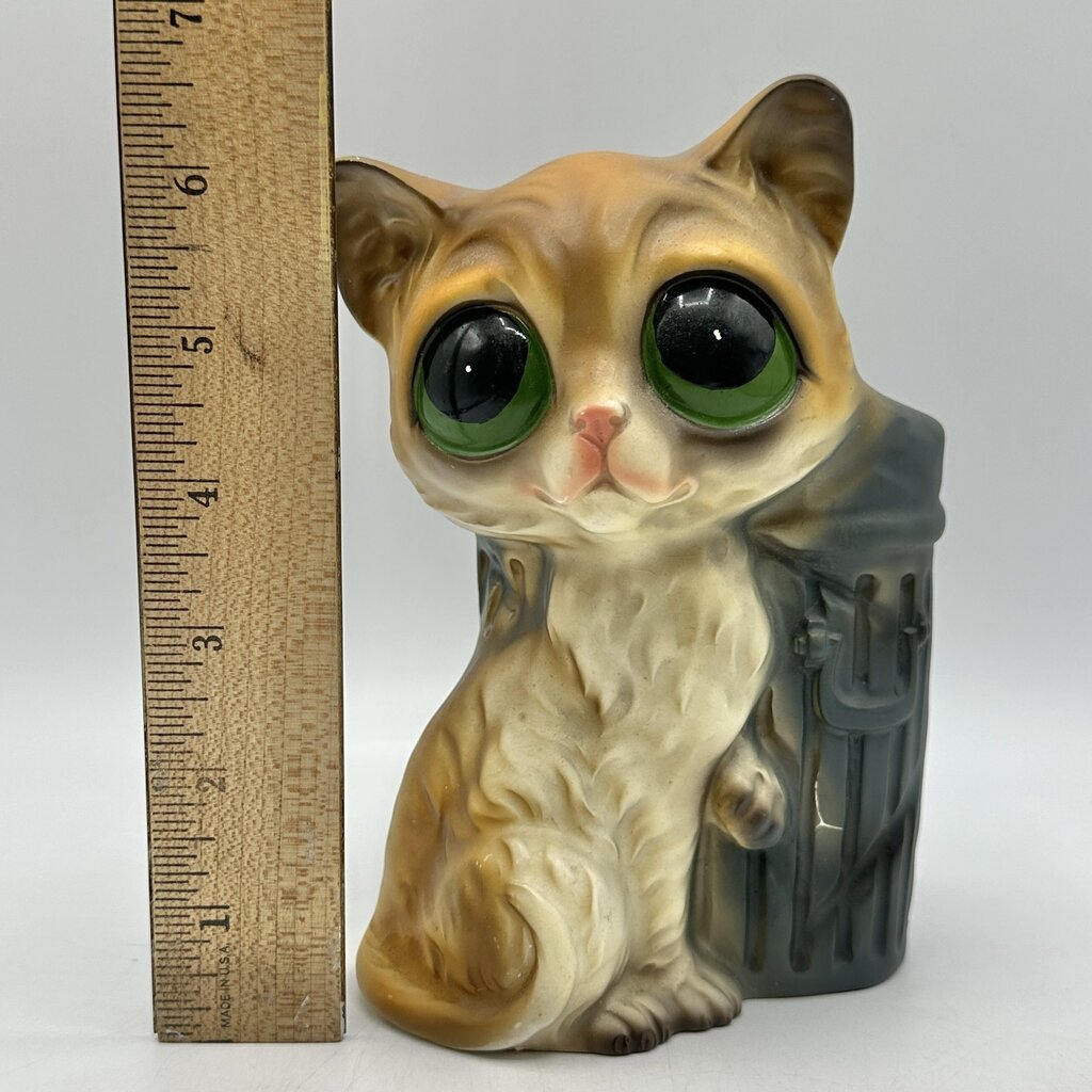 Vintage Enesco 1960s Big Sad Eyed Cat Planter-Keane Style Kitsch-Made In Japan /cb
