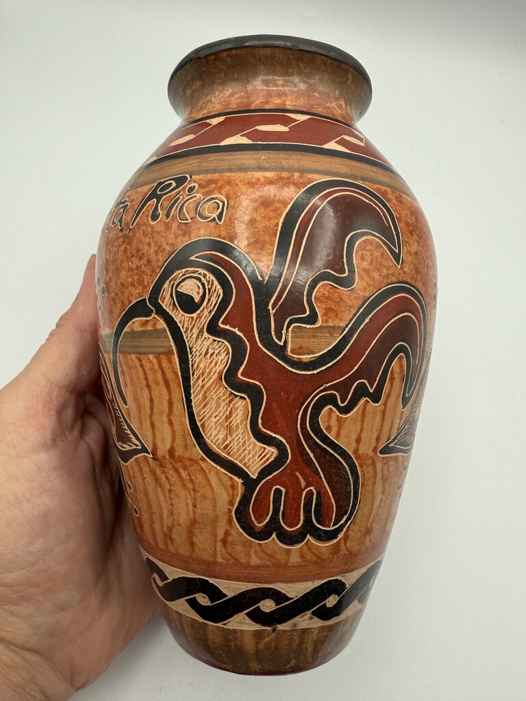 Handmade Folk Art Pottery Vase Costa Rica Signed Bird/Flower /roh