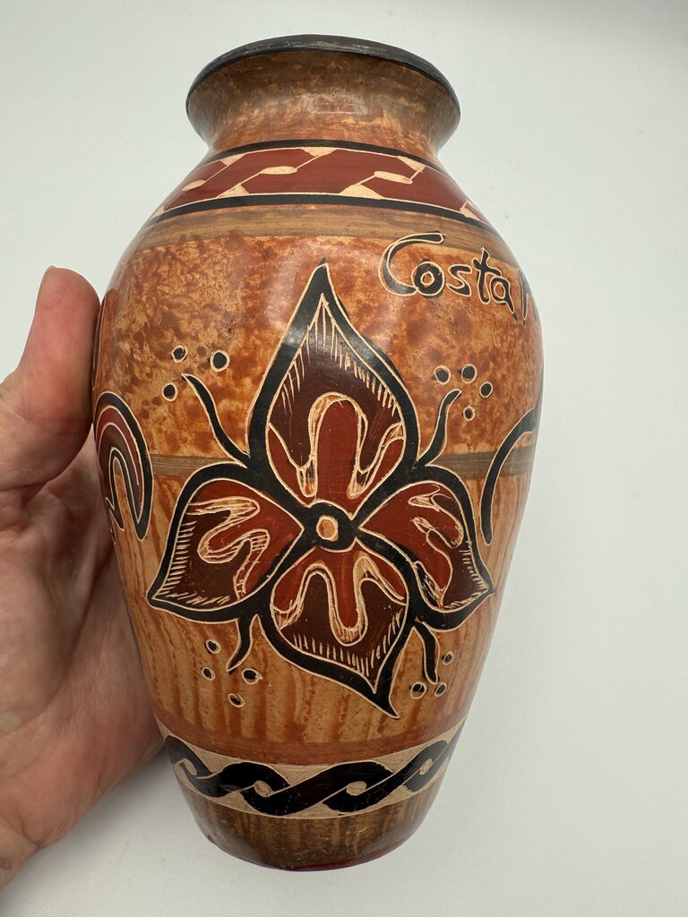 Handmade Folk Art Pottery Vase Costa Rica Signed Bird/Flower /roh