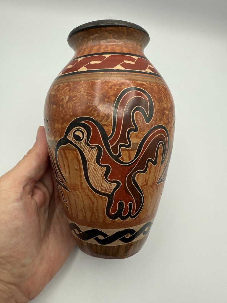 Handmade Folk Art Pottery Vase Costa Rica Signed Bird/Flower /roh