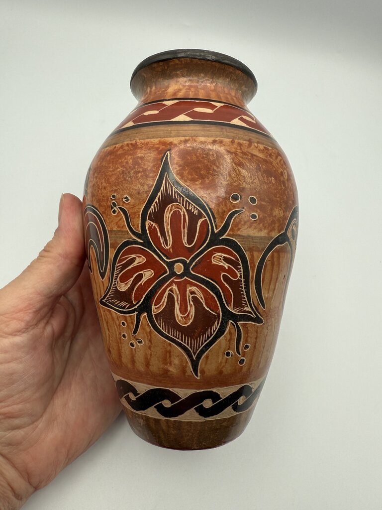 Handmade Folk Art Pottery Vase Costa Rica Signed Bird/Flower /roh