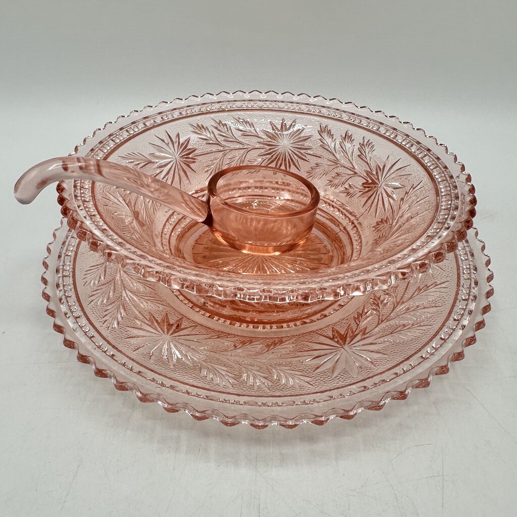 Vintage Imperial Glass Pink Strawflower Mayonnaise Bowl Underplate & Spoon /cb