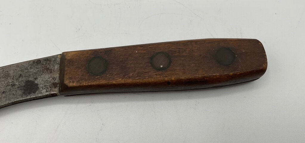 Vintage Curved Skinning Knife with Wooden Handle & Leather Sheath /s