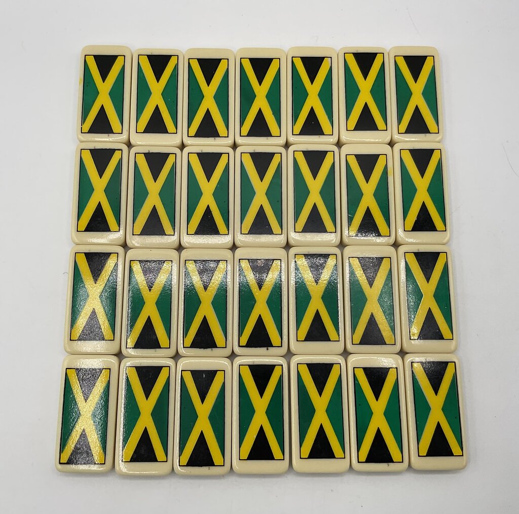 Vintage Promotional Links Industries 28pc Domino Set - Jamaican Flag Back - Printed in Jamaica - Double Six - Case Included /s