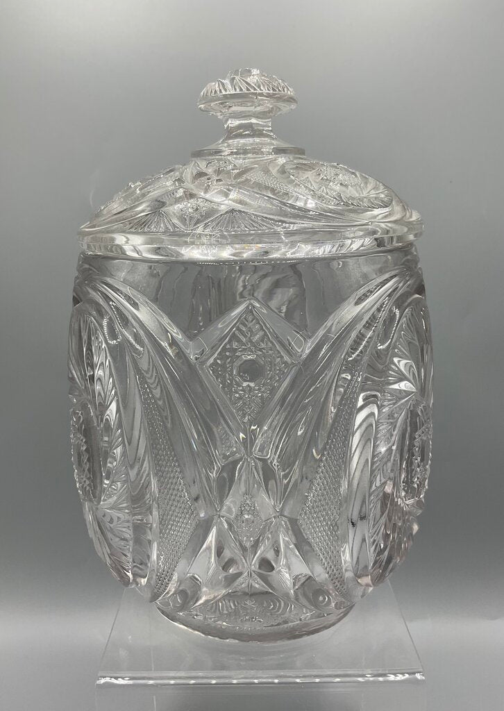 Vintage Early American Pressed Glass McKee Aztec Pattern Cookie Jar with Lid /s