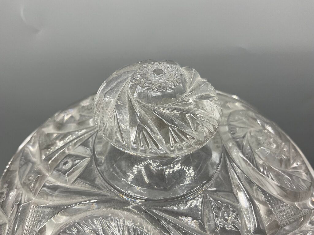 Vintage Early American Pressed Glass McKee Aztec Pattern Cookie Jar with Lid /s