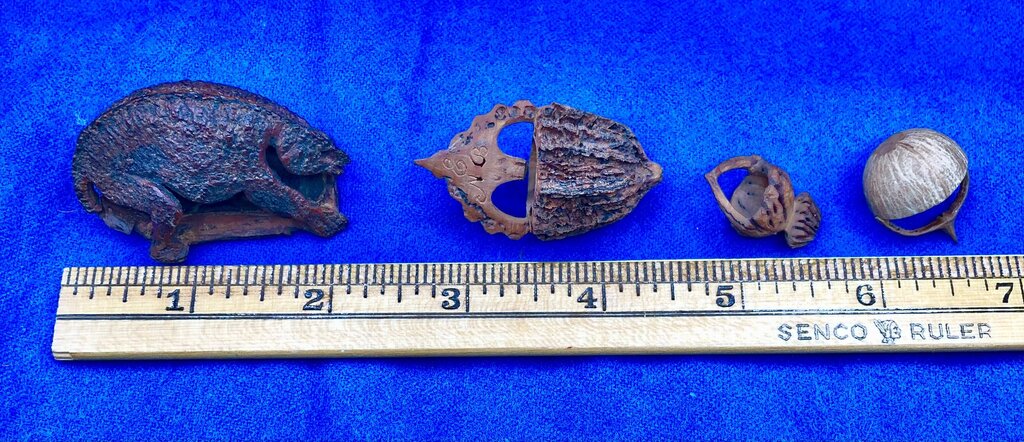 Lot of 4 Antique Carved Walnut/ Brazil/ Acorn Nut Shell Baskets & Figurine /b