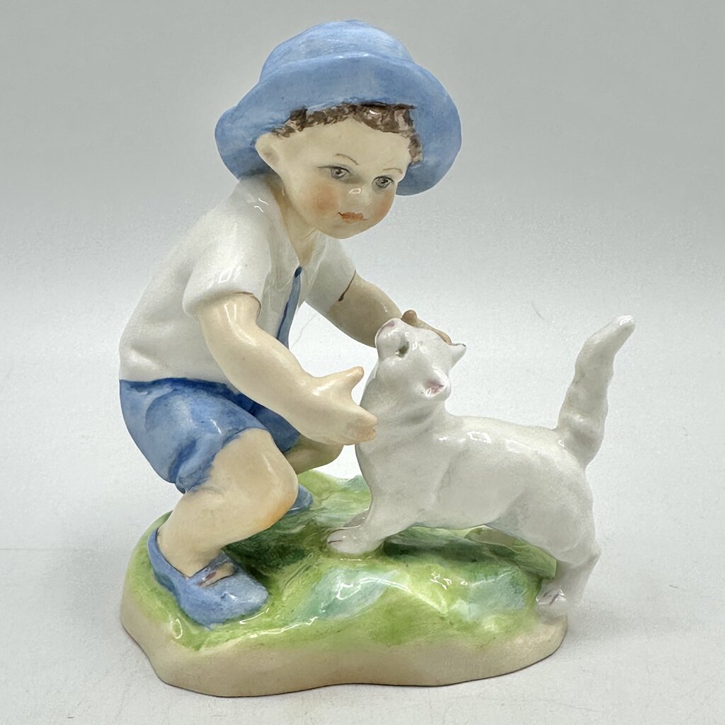 Vintage Royal Worcester Porcelain Figurine “September” Boy w/Cat #3457 Made In England /cb