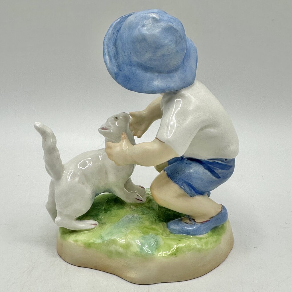 Vintage Royal Worcester Porcelain Figurine “September” Boy w/Cat #3457 Made In England /cb
