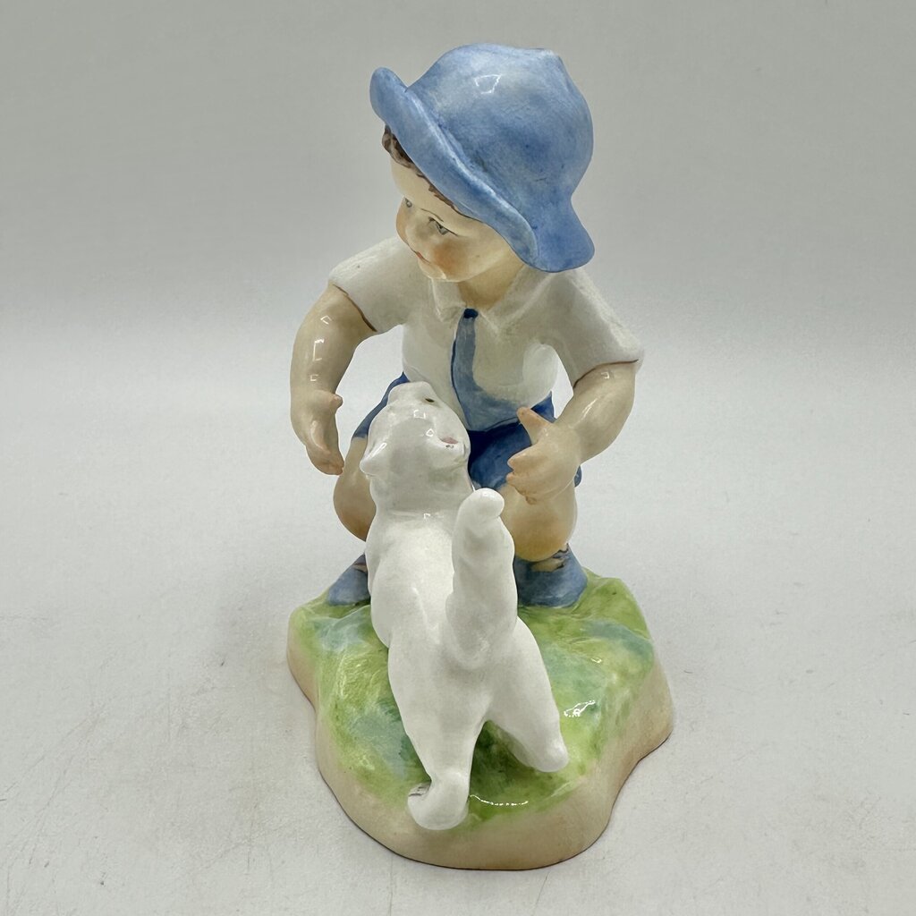 Vintage Royal Worcester Porcelain Figurine “September” Boy w/Cat #3457 Made In England /cb