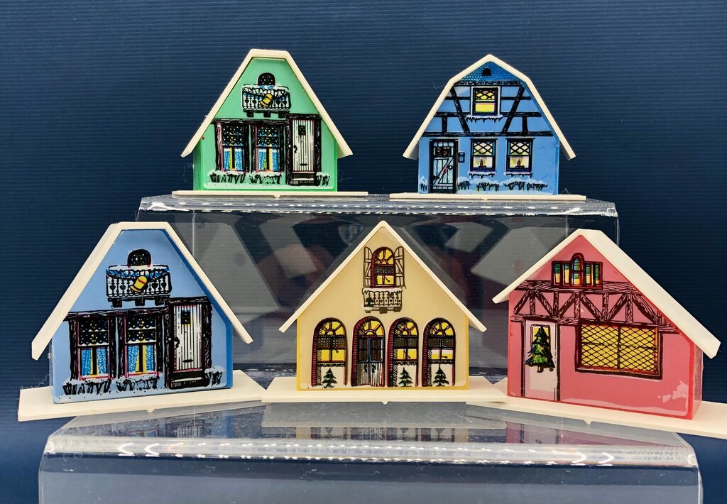 5 Vintage 1960’s Christmas Putz Illuminated Swiss Village Houses /b