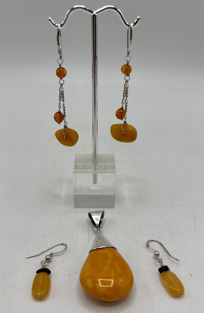 Natural Butterscotch Egg Yolk Amber Silver Pendant & 2 Pair Earrings /j