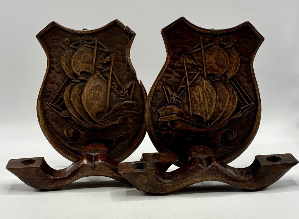 Vtg. Pair of Hand Carved Wooden Candle Sconce Nautical Theme /j