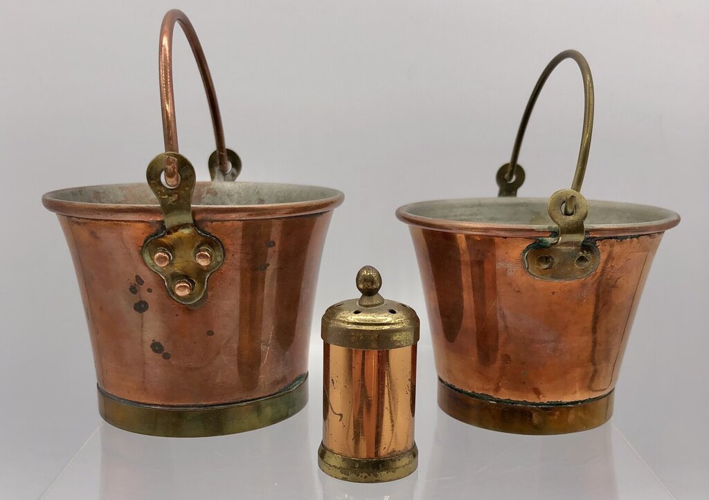 Vintage Sweden Miniature Copper Pails w/ Copper & Brass Shaker /b