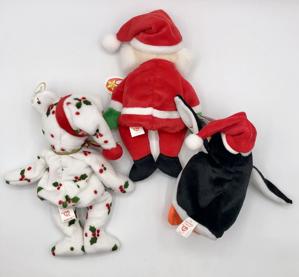 1998 Trio of Christmas Beanie Babies Teddy/ Santa/ Penguin /b