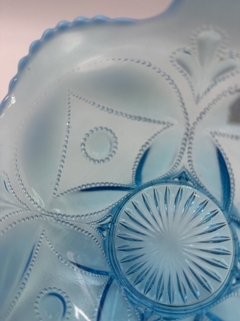Antique Dugan Glass Block & Wheel Blue Opalescent Dish /ro