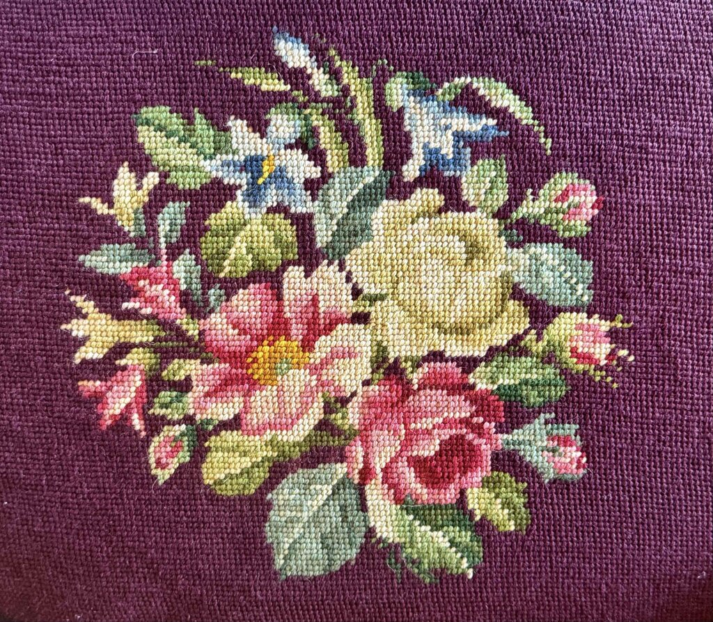 Floral Needlepoint Dark Purple Stool