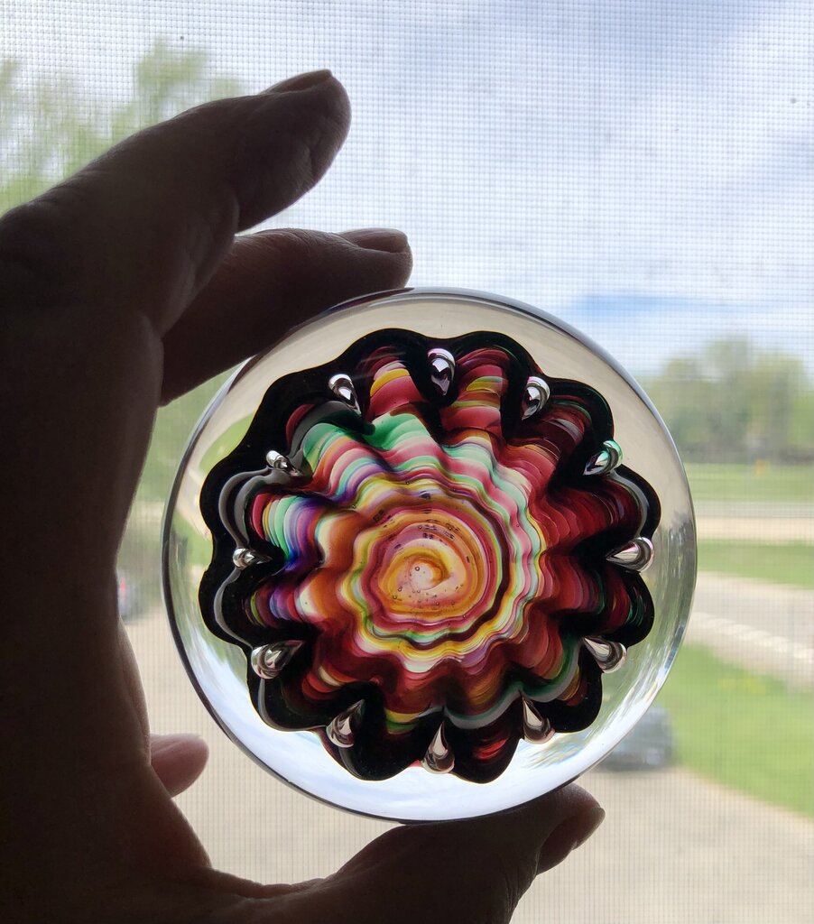 Vtg Artisan Blown Glass Crimped Ribbon/ Urchin Paperweight /b