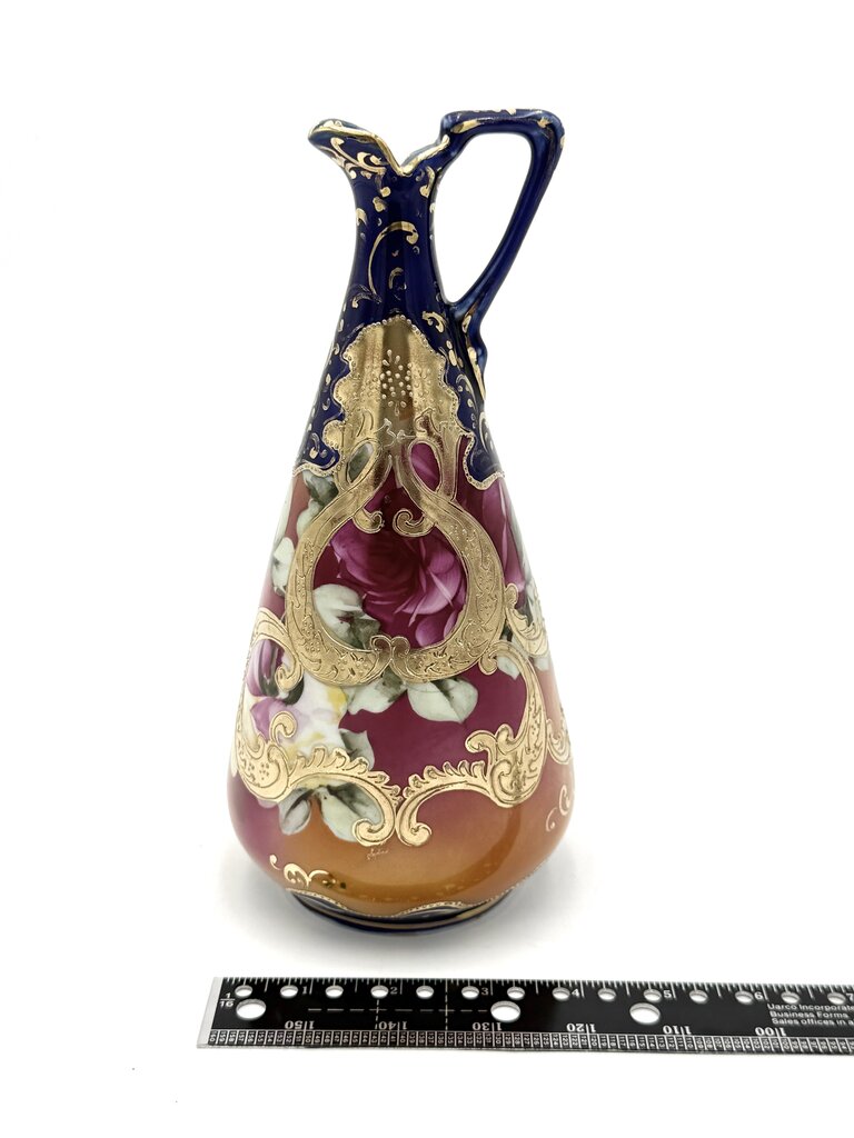 Cobalt And Pink Floral Hand Painted Gold Luster Nippon Style Ewer