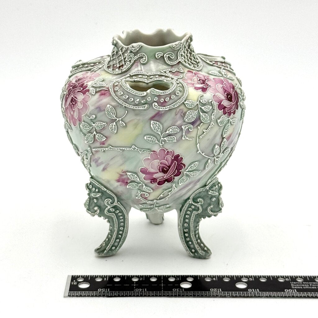 Nippon Moriage Style Mint Green And Pink Floral Tri Footed Vase