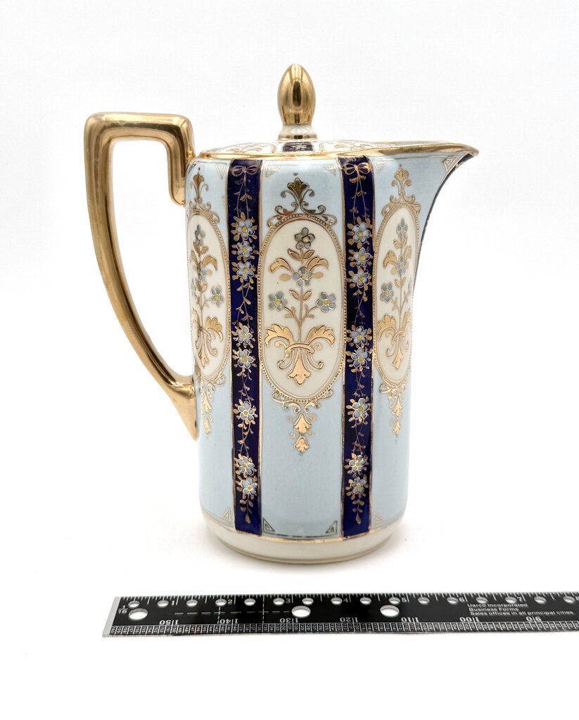 VTG Nippon Blue And Gold Floral Tea Pot With 4 Tea Cups