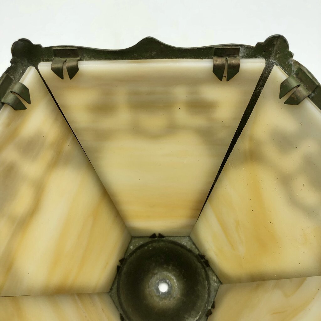1920s Slag Glass Panel & Spelter Metal Lamp /b