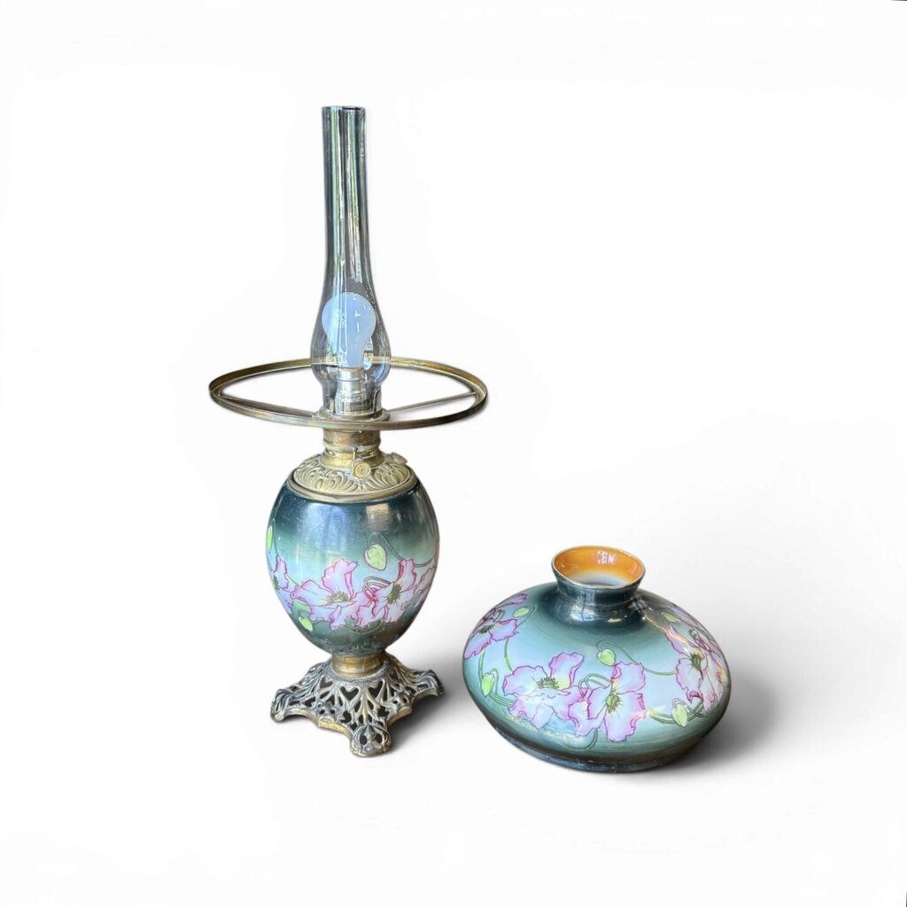 Antique Dark Green And Pink Floral Parlor Lamp