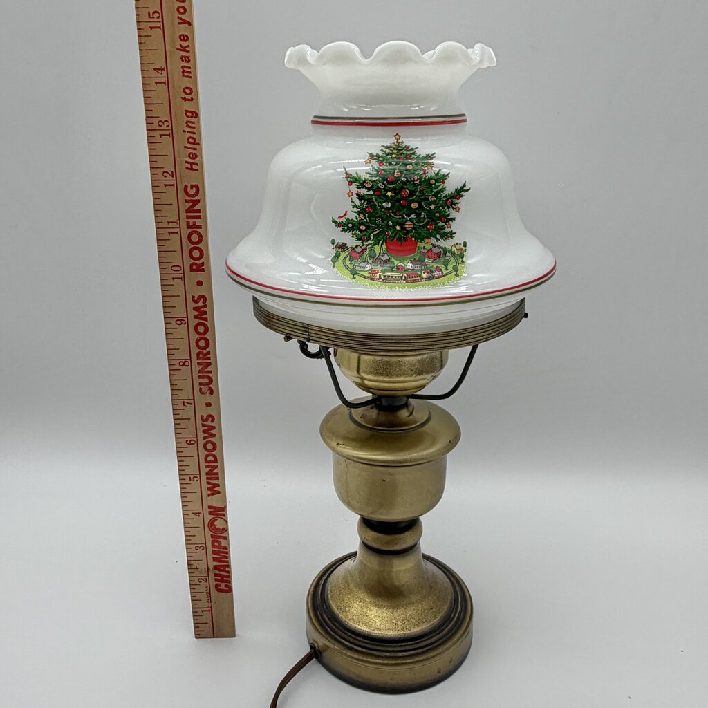 Vintage Pair Of Brass Hurricane Parlor Lamp w/White Glass Ruffled Christmas Tree Shades 14 1/2” /cb