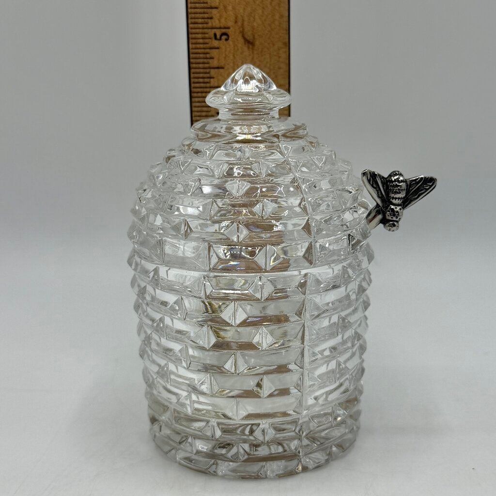 Vintage Godinger Crystal Bee Hive Honey Jar w/Silverplate Honey Bee Drizzler 5 Inches /cb