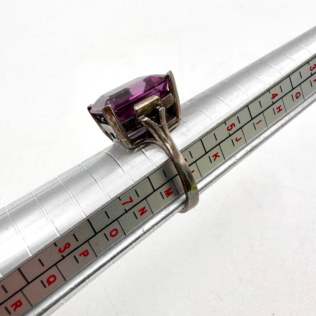 Sterling Silver Box Chain with Large Emerald Cut Amethyst Pendant and Matching Ring
