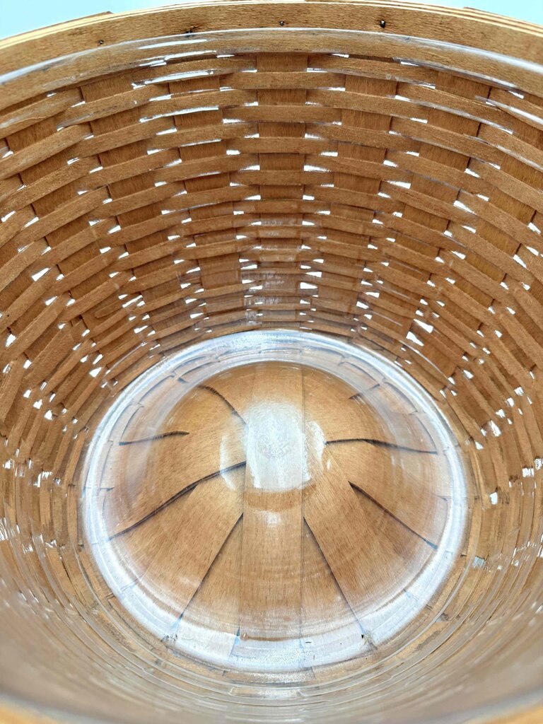 Longaberger 1992 Round Woven Maple Basket w/ Leather Handles & Clear Plastic Liner