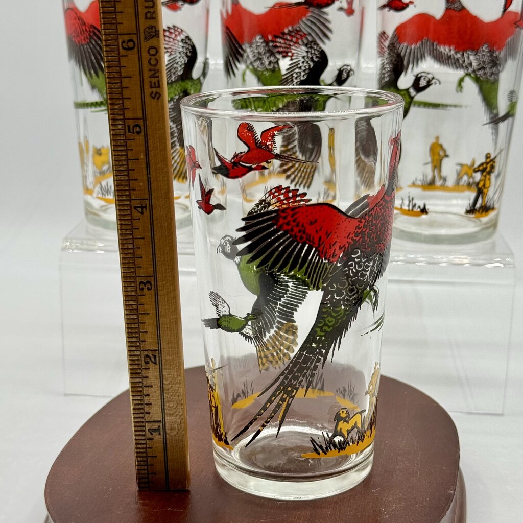 Set of 4 MCM Hazel Atlas Pheasant Hunting Vintage Bar Drinking Glasses /hy