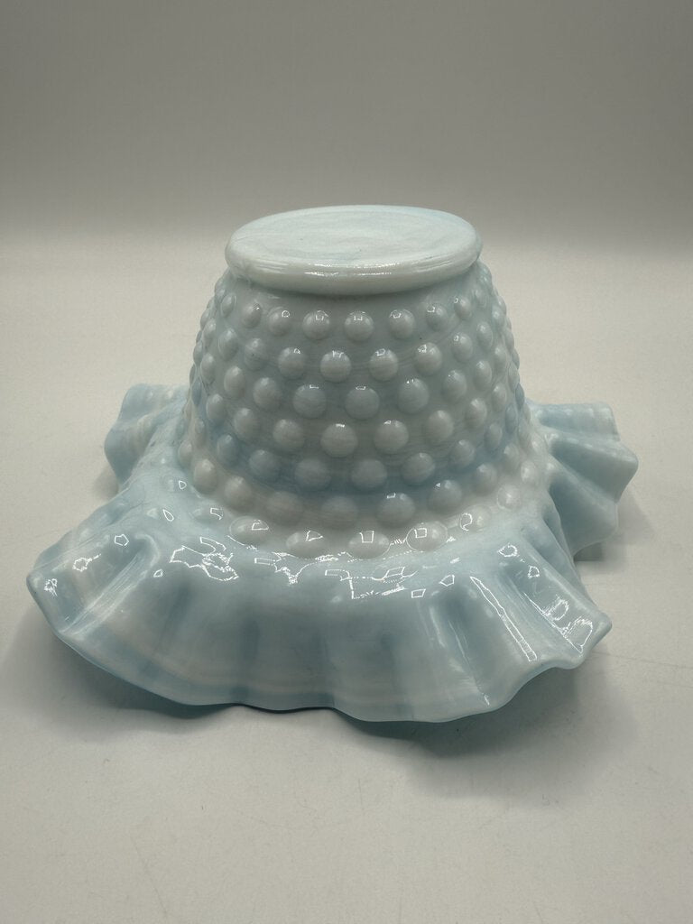 Vintage Fenton Blue & White Swirl Hobnail Milk Glass Dish Ruffled Edge /ro