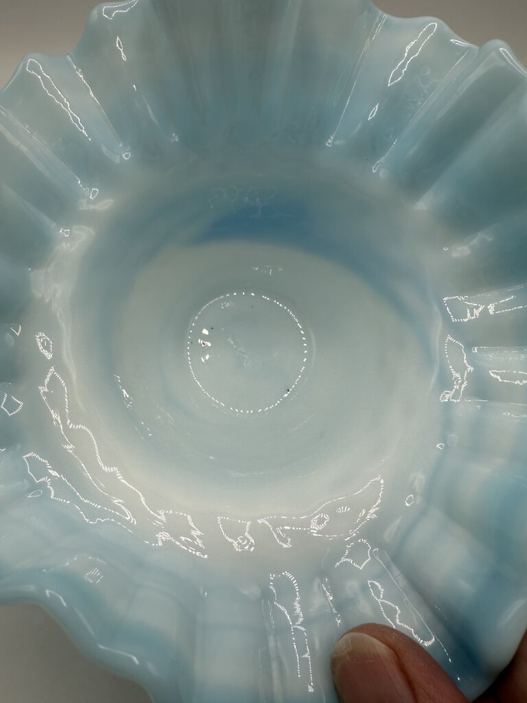 Vintage Fenton Blue & White Swirl Hobnail Milk Glass Dish Ruffled Edge /ro