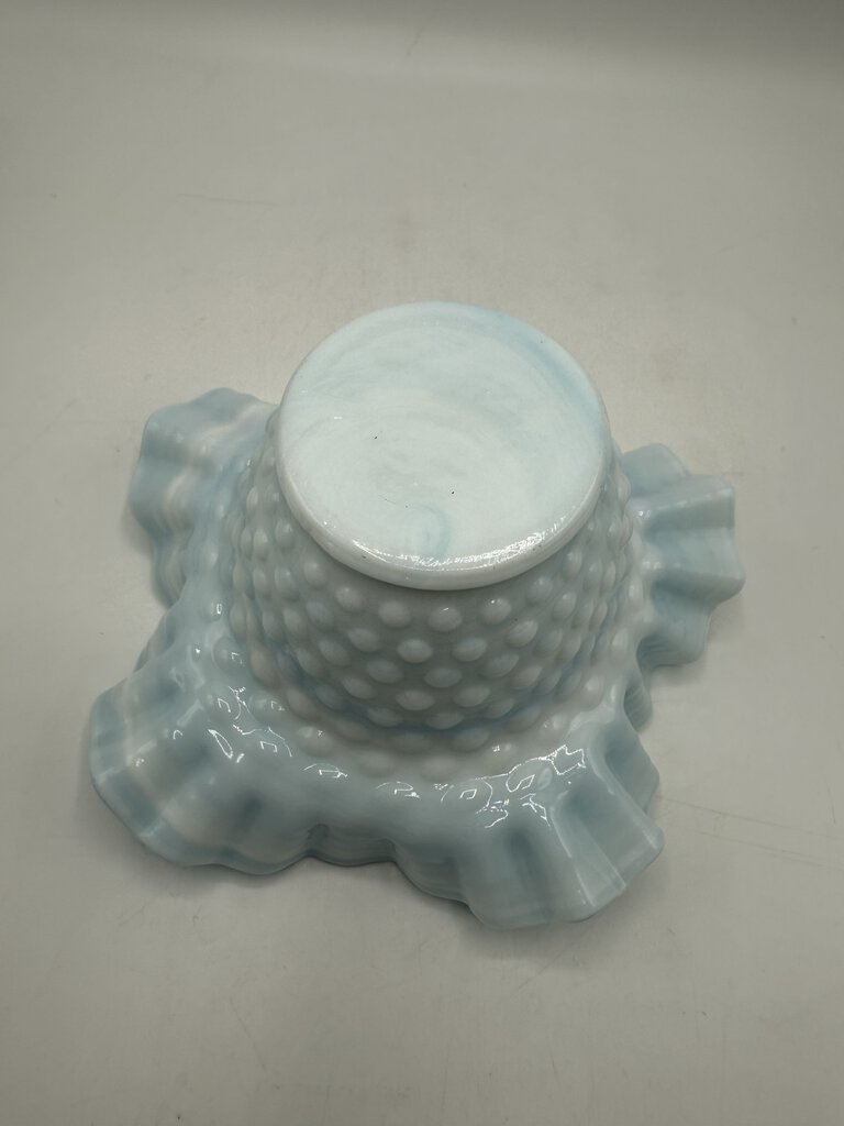Vintage Fenton Blue & White Swirl Hobnail Milk Glass Dish Ruffled Edge /ro