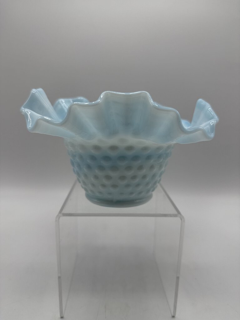Vintage Fenton Blue & White Swirl Hobnail Milk Glass Dish Ruffled Edge /ro