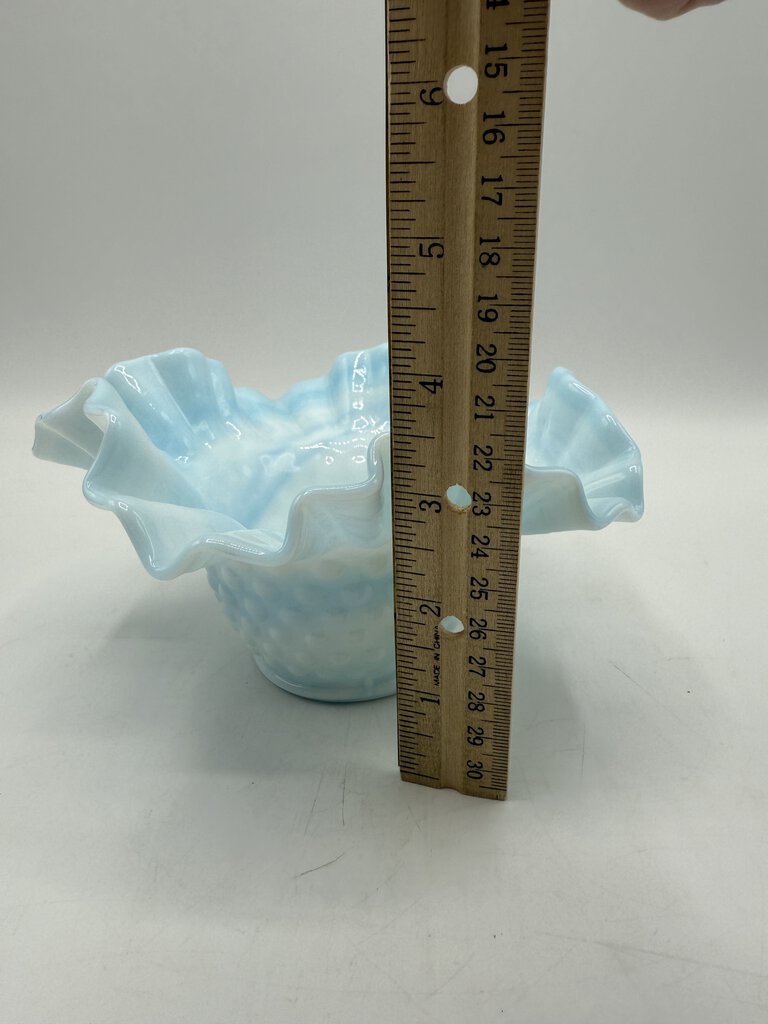 Vintage Fenton Blue & White Swirl Hobnail Milk Glass Dish Ruffled Edge /ro