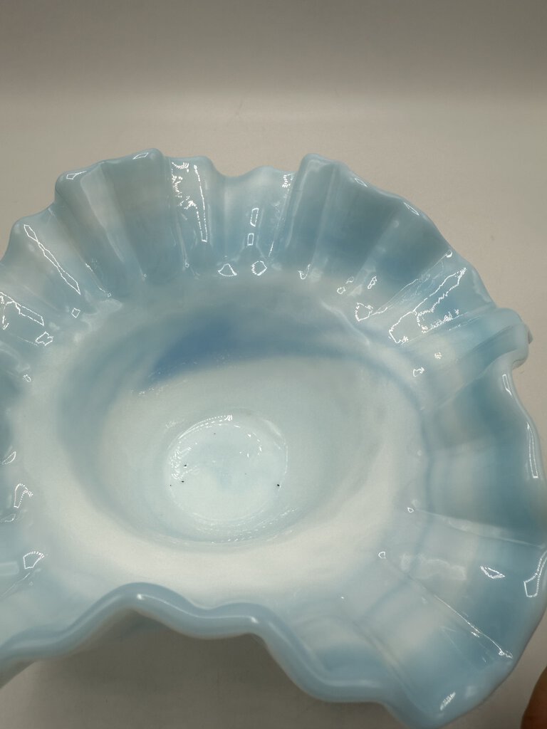 Vintage Fenton Blue & White Swirl Hobnail Milk Glass Dish Ruffled Edge /ro