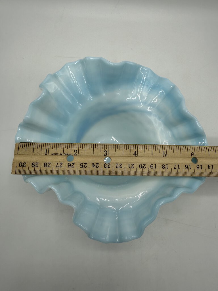 Vintage Fenton Blue & White Swirl Hobnail Milk Glass Dish Ruffled Edge /ro