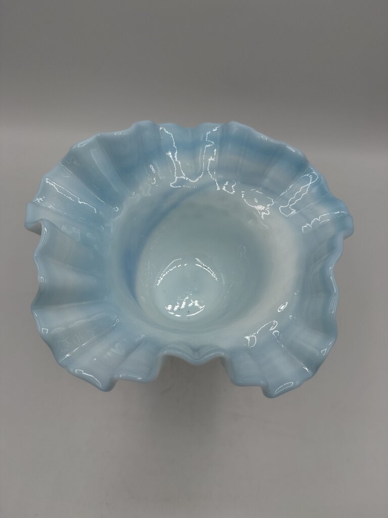 Vintage Fenton Blue & White Swirl Hobnail Milk Glass Dish Ruffled Edge /ro