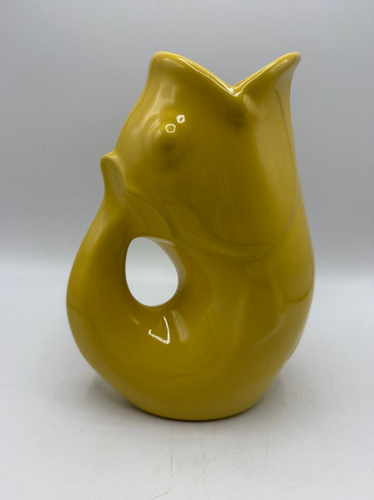 Large Sunflower Yellow Gurgle Pot Fish Pitcher EUC /rw
