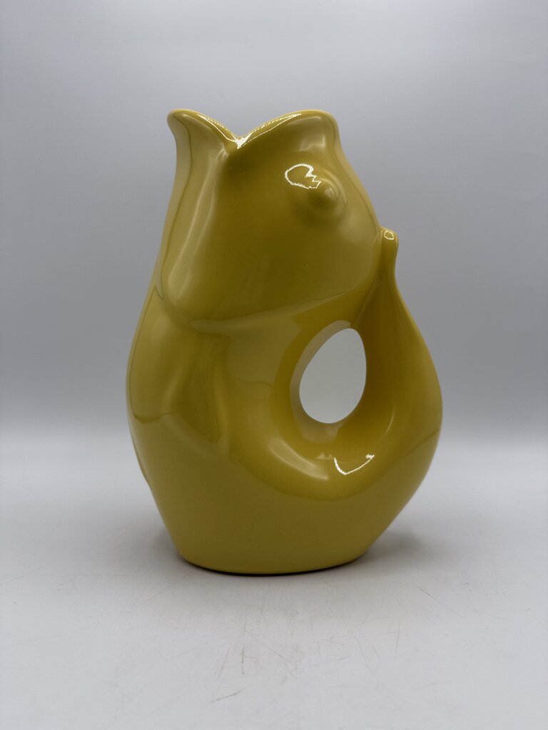 Large Sunflower Yellow Gurgle Pot Fish Pitcher EUC /rw
