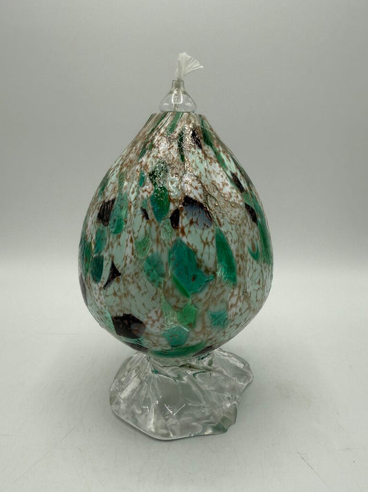 Colorful Green, White, Gold Blown Glass Oil Lamp Footed.