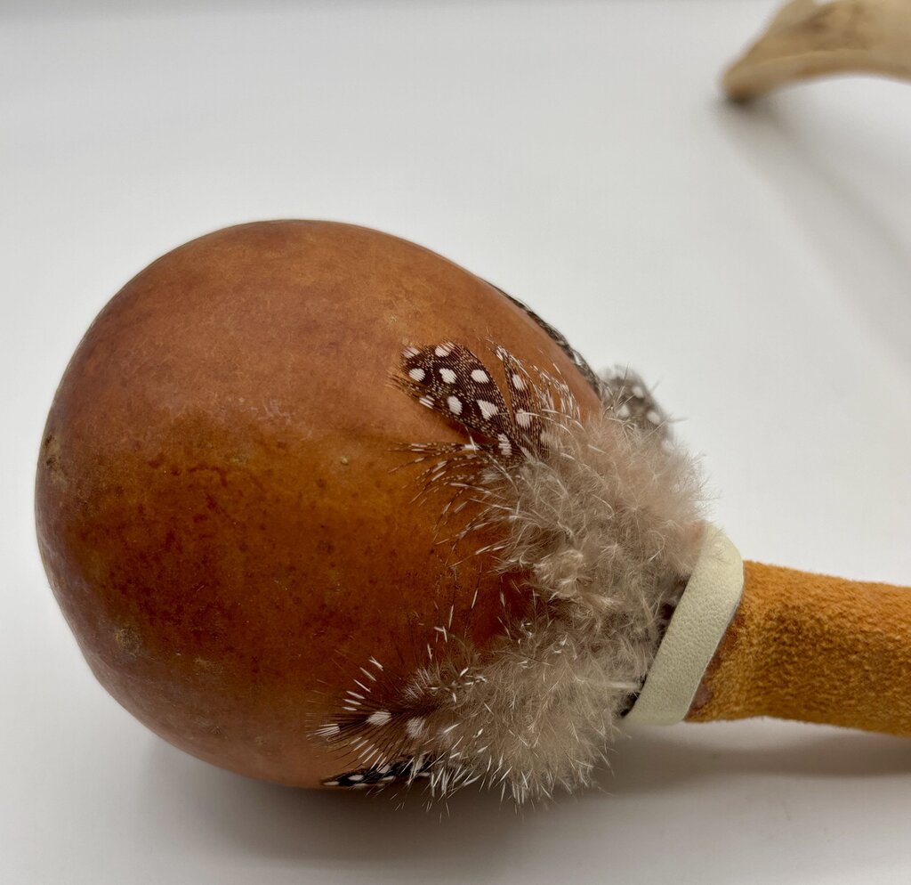 Native American Gourd Rattle with Feathers and Suede Collar /j