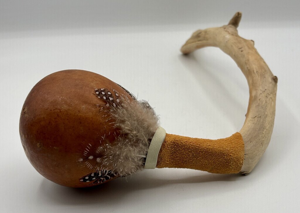 Native American Gourd Rattle with Feathers and Suede Collar /j