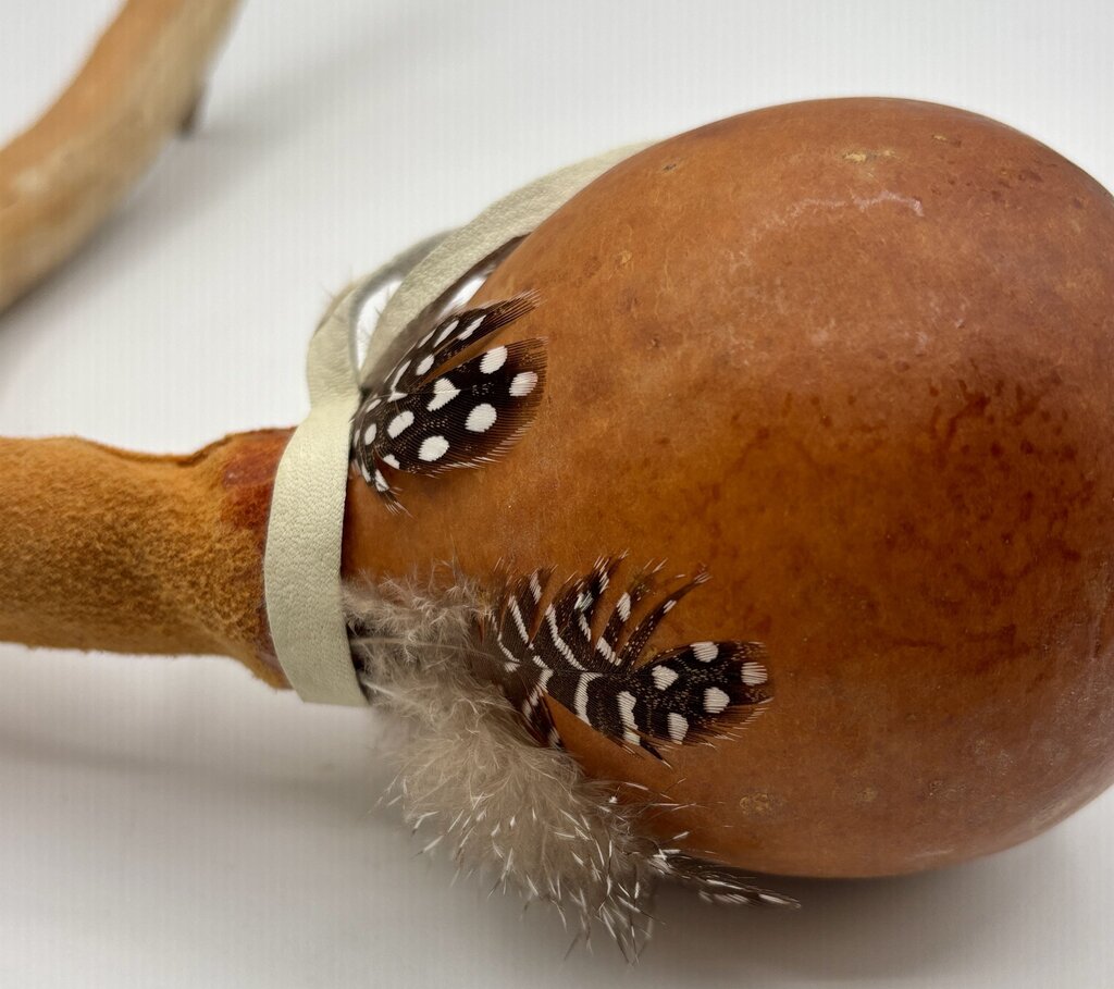 Native American Gourd Rattle with Feathers and Suede Collar /j