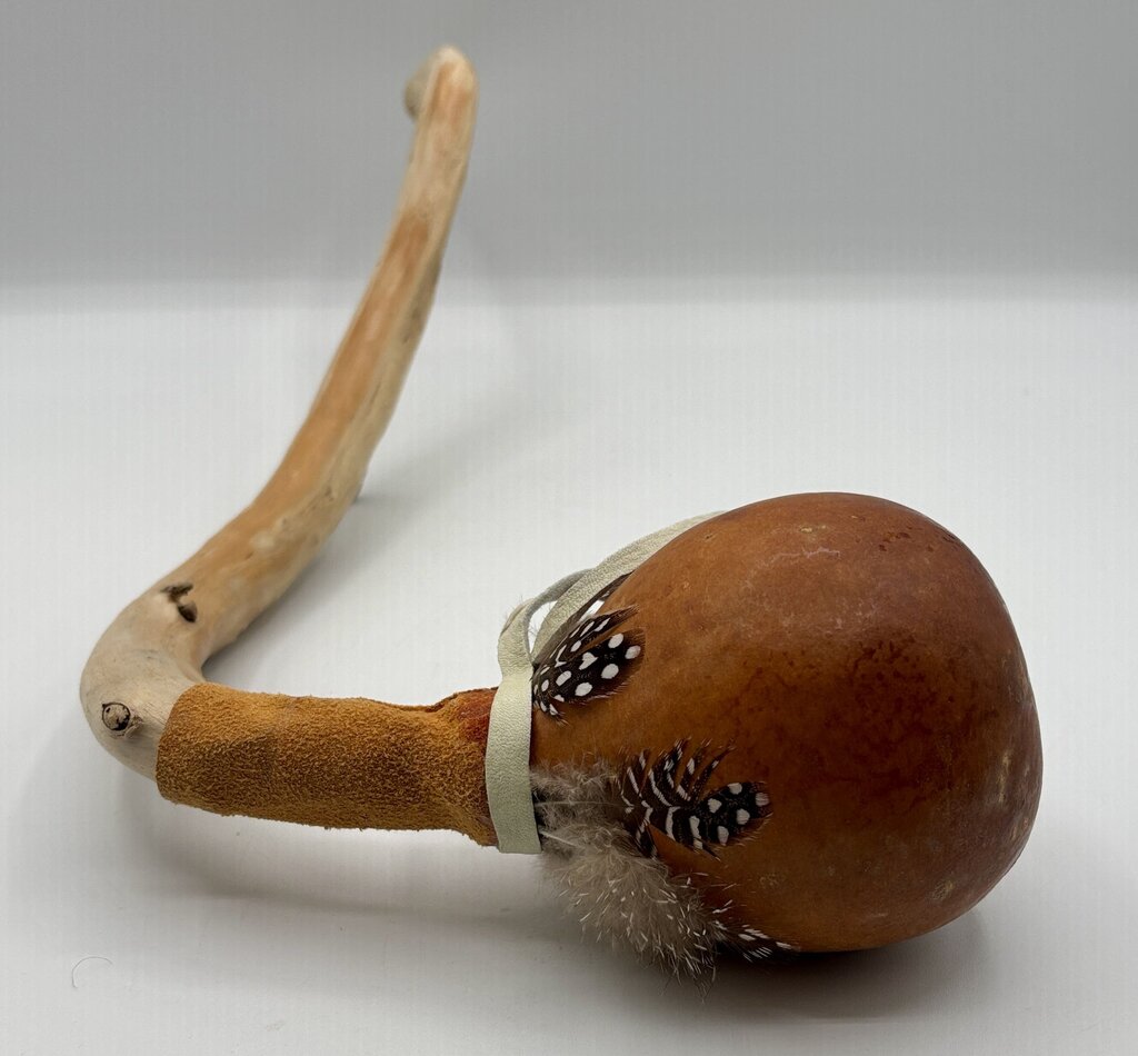 Native American Gourd Rattle with Feathers and Suede Collar /j