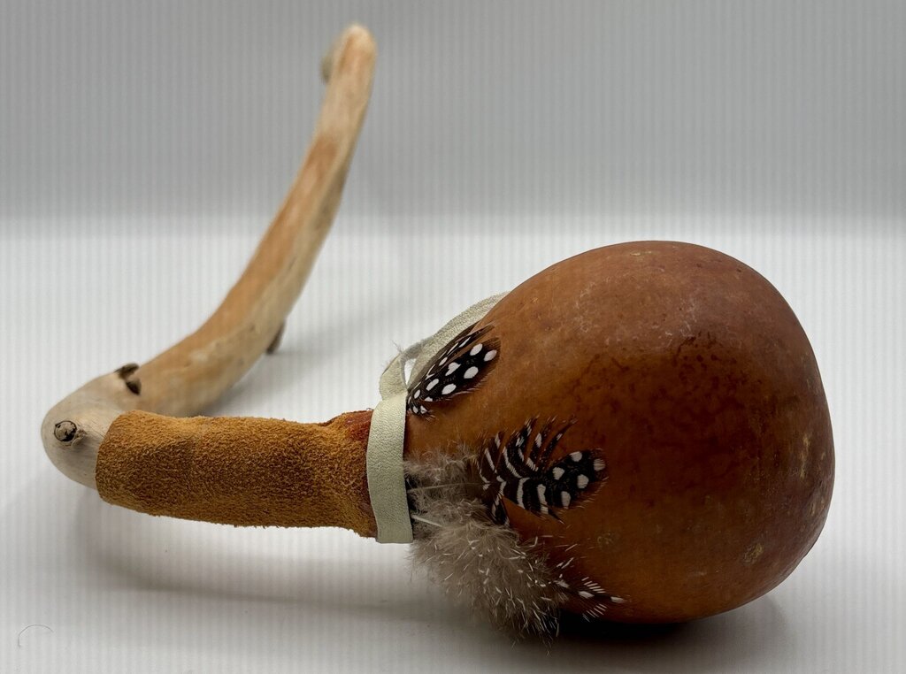 Native American Gourd Rattle with Feathers and Suede Collar /j