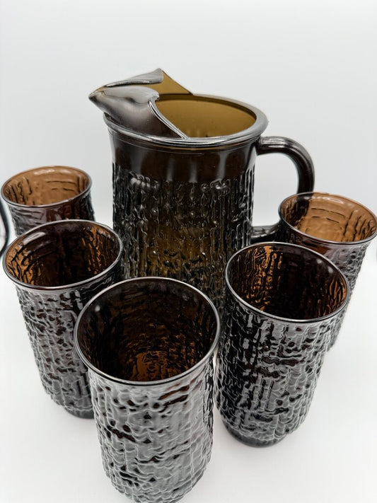 VTG Libbey Artica Tawny Brown Pitcher & 5 Glasses /roh