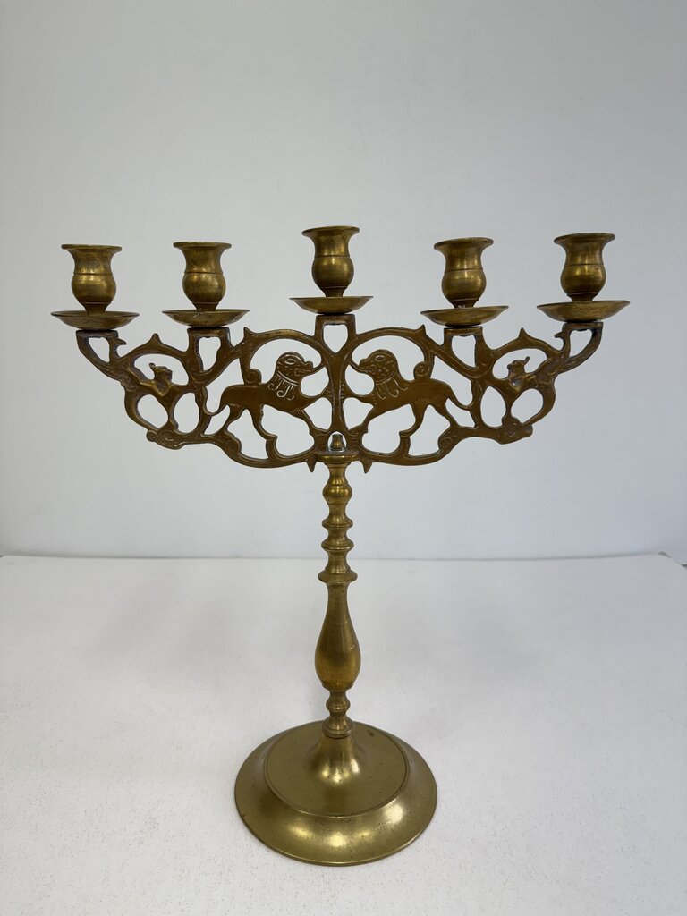Vintage Large Brass 5 Arm Candelabra w/Dogs /rw